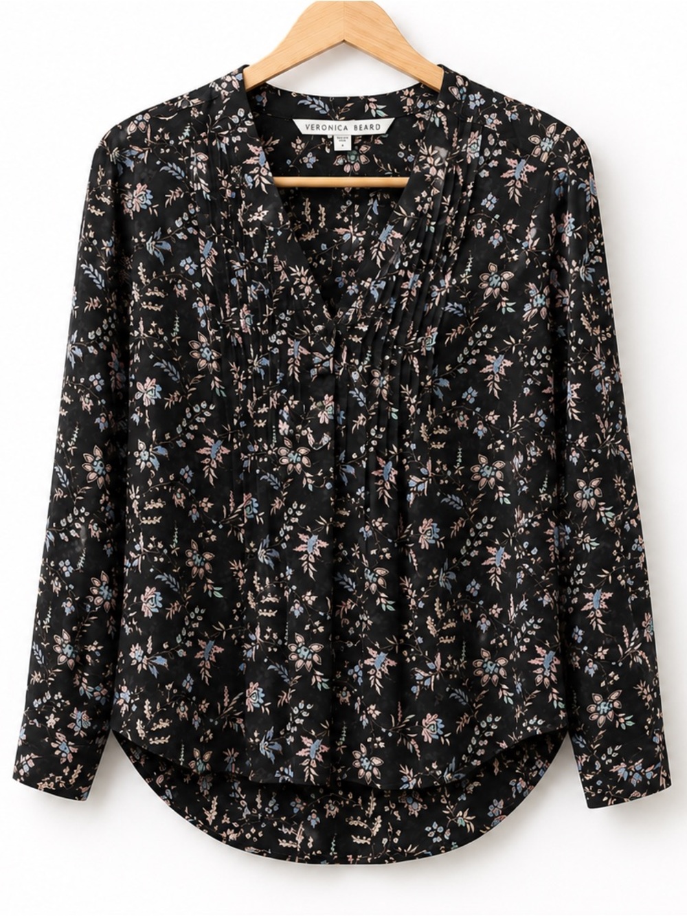 Veronica Beard Black Floral Pintuck V-Neck Long Sleeve Blouse